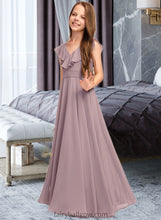 Load image into Gallery viewer, Felicity A-Line V-neck Floor-Length Chiffon Junior Bridesmaid Dress With Cascading Ruffles XXCP0013464