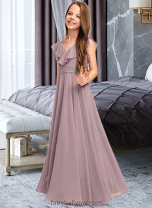 Felicity A-Line V-neck Floor-Length Chiffon Junior Bridesmaid Dress With Cascading Ruffles XXCP0013464