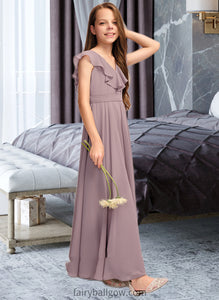 Felicity A-Line V-neck Floor-Length Chiffon Junior Bridesmaid Dress With Cascading Ruffles XXCP0013464