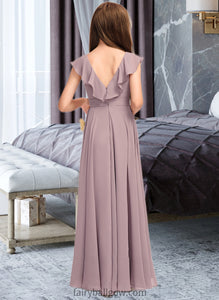 Felicity A-Line V-neck Floor-Length Chiffon Junior Bridesmaid Dress With Cascading Ruffles XXCP0013464