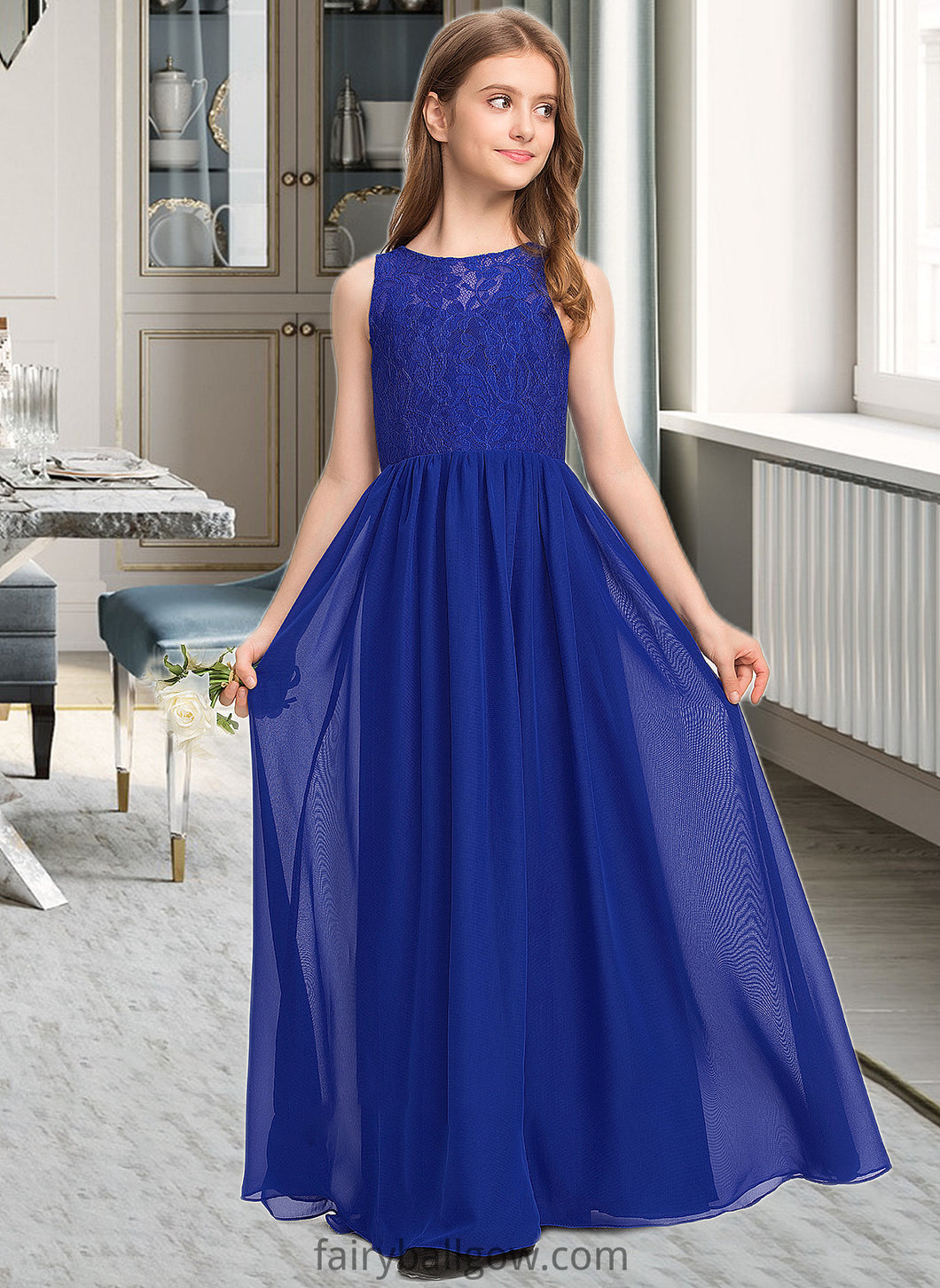 Carla A-Line Scoop Neck Floor-Length Chiffon Lace Junior Bridesmaid Dress XXCP0013469