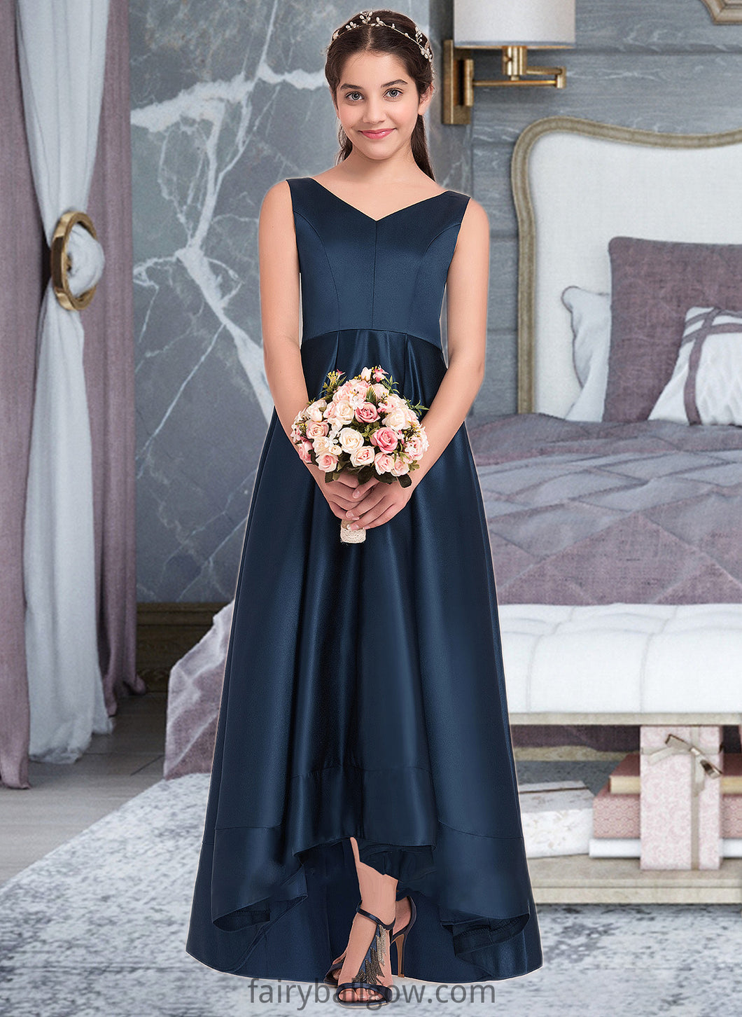 Ashtyn A-Line V-neck Asymmetrical Satin Junior Bridesmaid Dress XXCP0013471