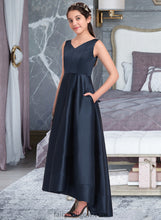 Load image into Gallery viewer, Ashtyn A-Line V-neck Asymmetrical Satin Junior Bridesmaid Dress XXCP0013471