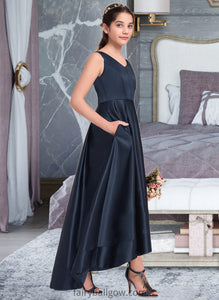 Ashtyn A-Line V-neck Asymmetrical Satin Junior Bridesmaid Dress XXCP0013471