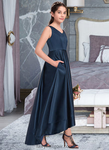 Ashtyn A-Line V-neck Asymmetrical Satin Junior Bridesmaid Dress XXCP0013471