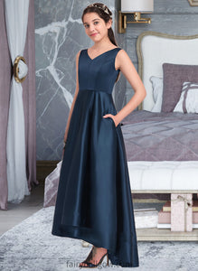 Ashtyn A-Line V-neck Asymmetrical Satin Junior Bridesmaid Dress XXCP0013471