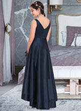 Load image into Gallery viewer, Ashtyn A-Line V-neck Asymmetrical Satin Junior Bridesmaid Dress XXCP0013471