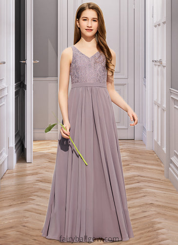 Lea A-Line V-neck Floor-Length Chiffon Lace Junior Bridesmaid Dress XXCP0013476