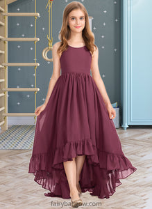 Kira A-Line Scoop Neck Asymmetrical Chiffon Junior Bridesmaid Dress With Bow(s) Cascading Ruffles XXCP0013480