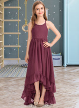 Load image into Gallery viewer, Kira A-Line Scoop Neck Asymmetrical Chiffon Junior Bridesmaid Dress With Bow(s) Cascading Ruffles XXCP0013480