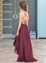 Load image into Gallery viewer, Kira A-Line Scoop Neck Asymmetrical Chiffon Junior Bridesmaid Dress With Bow(s) Cascading Ruffles XXCP0013480