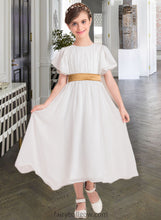 Load image into Gallery viewer, Gwen A-Line Scoop Neck Tea-Length Chiffon Junior Bridesmaid Dress With Ruffle Sash XXCP0013482