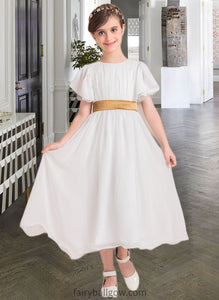 Gwen A-Line Scoop Neck Tea-Length Chiffon Junior Bridesmaid Dress With Ruffle Sash XXCP0013482