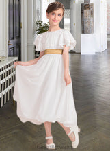 Load image into Gallery viewer, Gwen A-Line Scoop Neck Tea-Length Chiffon Junior Bridesmaid Dress With Ruffle Sash XXCP0013482