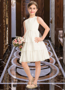 Jaelyn A-Line Scoop Neck Knee-Length Chiffon Junior Bridesmaid Dress With Bow(s) Cascading Ruffles XXCP0013487