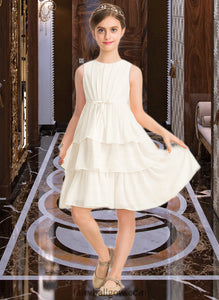 Jaelyn A-Line Scoop Neck Knee-Length Chiffon Junior Bridesmaid Dress With Bow(s) Cascading Ruffles XXCP0013487