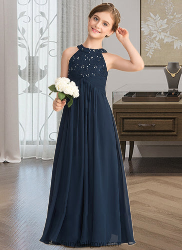 Marlene A-Line Scoop Neck Floor-Length Chiffon Lace Junior Bridesmaid Dress With Ruffle Beading XXCP0013488