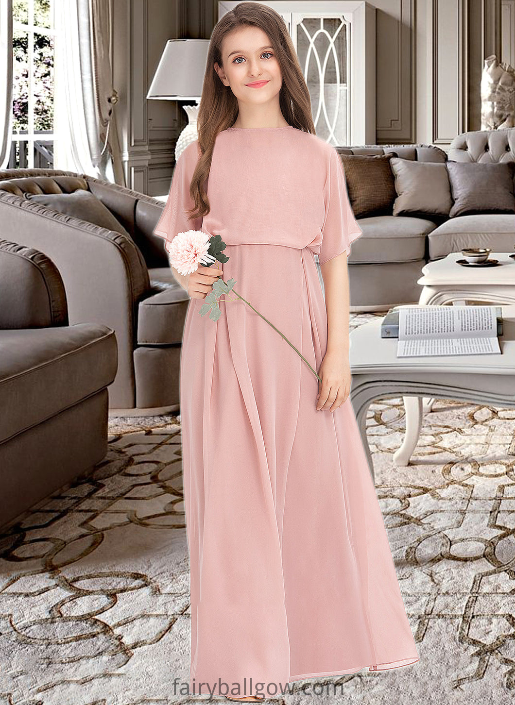 Gladys A-Line Scoop Neck Floor-Length Chiffon Junior Bridesmaid Dress XXCP0013493