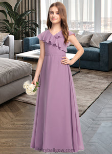 Harper A-Line V-neck Floor-Length Chiffon Junior Bridesmaid Dress With Bow(s) Cascading Ruffles XXCP0013494