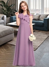 Load image into Gallery viewer, Harper A-Line V-neck Floor-Length Chiffon Junior Bridesmaid Dress With Bow(s) Cascading Ruffles XXCP0013494