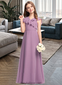 Harper A-Line V-neck Floor-Length Chiffon Junior Bridesmaid Dress With Bow(s) Cascading Ruffles XXCP0013494