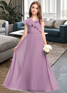 Harper A-Line V-neck Floor-Length Chiffon Junior Bridesmaid Dress With Bow(s) Cascading Ruffles XXCP0013494