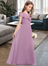 Load image into Gallery viewer, Harper A-Line V-neck Floor-Length Chiffon Junior Bridesmaid Dress With Bow(s) Cascading Ruffles XXCP0013494