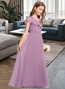 Harper A-Line V-neck Floor-Length Chiffon Junior Bridesmaid Dress With Bow(s) Cascading Ruffles XXCP0013494