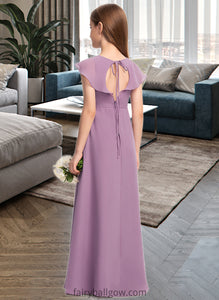 Harper A-Line V-neck Floor-Length Chiffon Junior Bridesmaid Dress With Bow(s) Cascading Ruffles XXCP0013494