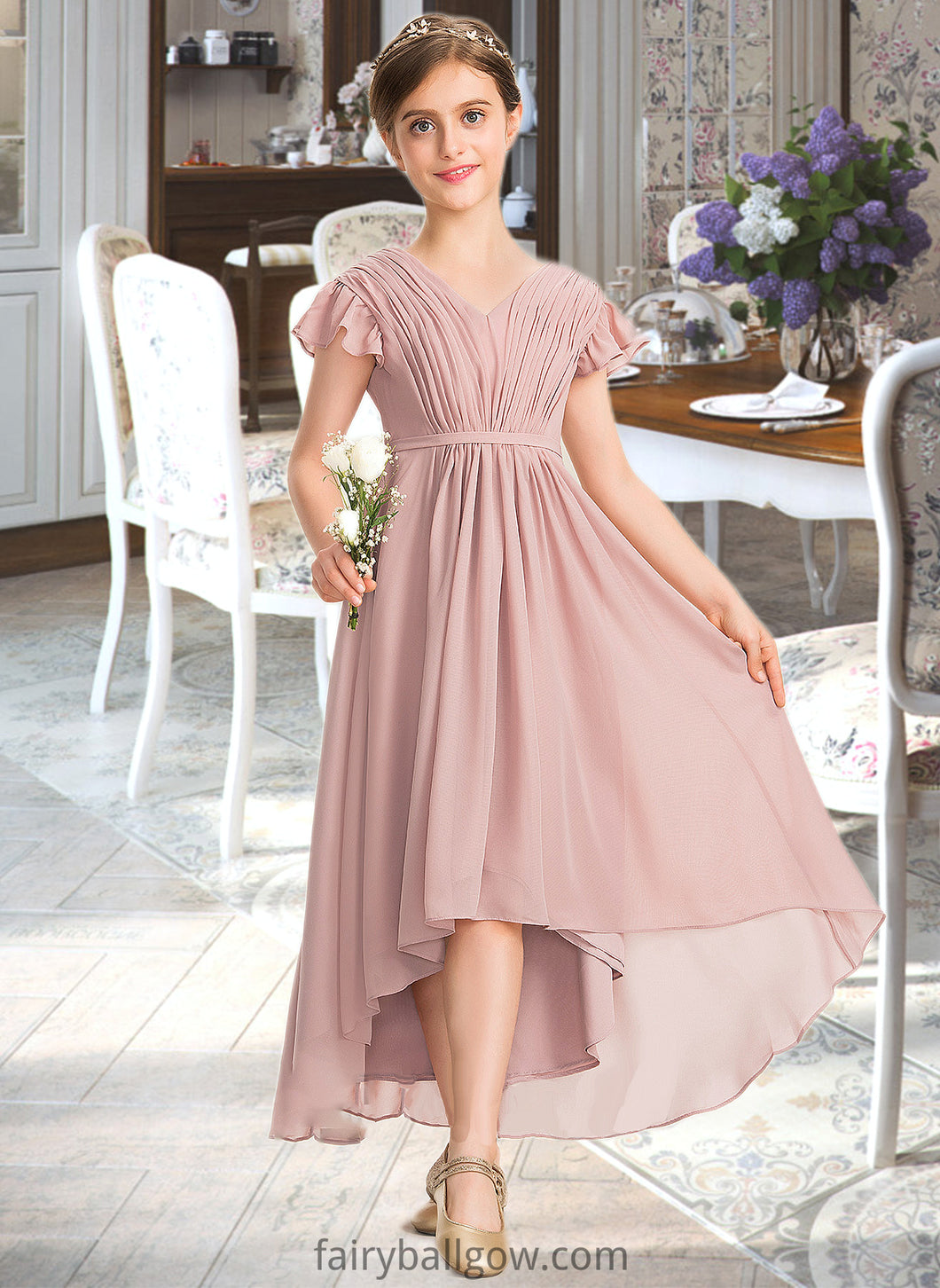 Ellen A-Line V-neck Asymmetrical Chiffon Junior Bridesmaid Dress With Bow(s) Cascading Ruffles XXCP0013496