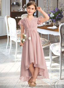 Ellen A-Line V-neck Asymmetrical Chiffon Junior Bridesmaid Dress With Bow(s) Cascading Ruffles XXCP0013496