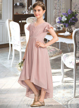 Load image into Gallery viewer, Ellen A-Line V-neck Asymmetrical Chiffon Junior Bridesmaid Dress With Bow(s) Cascading Ruffles XXCP0013496