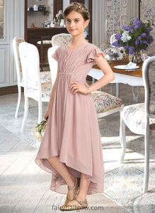 Ellen A-Line V-neck Asymmetrical Chiffon Junior Bridesmaid Dress With Bow(s) Cascading Ruffles XXCP0013496