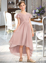 Load image into Gallery viewer, Ellen A-Line V-neck Asymmetrical Chiffon Junior Bridesmaid Dress With Bow(s) Cascading Ruffles XXCP0013496