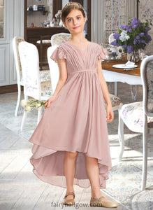 Ellen A-Line V-neck Asymmetrical Chiffon Junior Bridesmaid Dress With Bow(s) Cascading Ruffles XXCP0013496