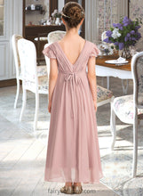 Load image into Gallery viewer, Ellen A-Line V-neck Asymmetrical Chiffon Junior Bridesmaid Dress With Bow(s) Cascading Ruffles XXCP0013496