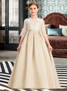 Yareli Ball-Gown/Princess Scoop Neck Floor-Length Satin Lace Junior Bridesmaid Dress XXCP0013498