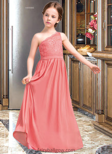 Emma A-Line One-Shoulder Floor-Length Chiffon Lace Junior Bridesmaid Dress XXCP0013500