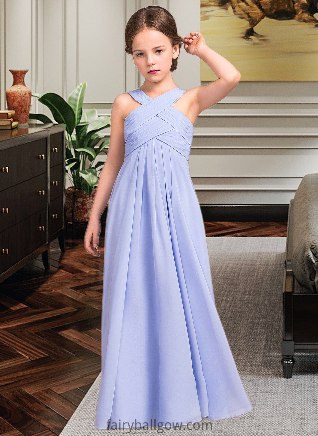 Luciana A-Line V-neck Floor-Length Chiffon Junior Bridesmaid Dress With Ruffle XXCP0013501