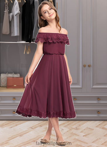 Alina A-Line Off-the-Shoulder Tea-Length Chiffon Lace Junior Bridesmaid Dress XXCP0013505