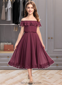 Alina A-Line Off-the-Shoulder Tea-Length Chiffon Lace Junior Bridesmaid Dress XXCP0013505