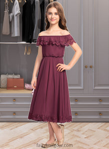 Alina A-Line Off-the-Shoulder Tea-Length Chiffon Lace Junior Bridesmaid Dress XXCP0013505