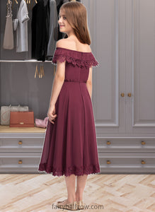 Alina A-Line Off-the-Shoulder Tea-Length Chiffon Lace Junior Bridesmaid Dress XXCP0013505