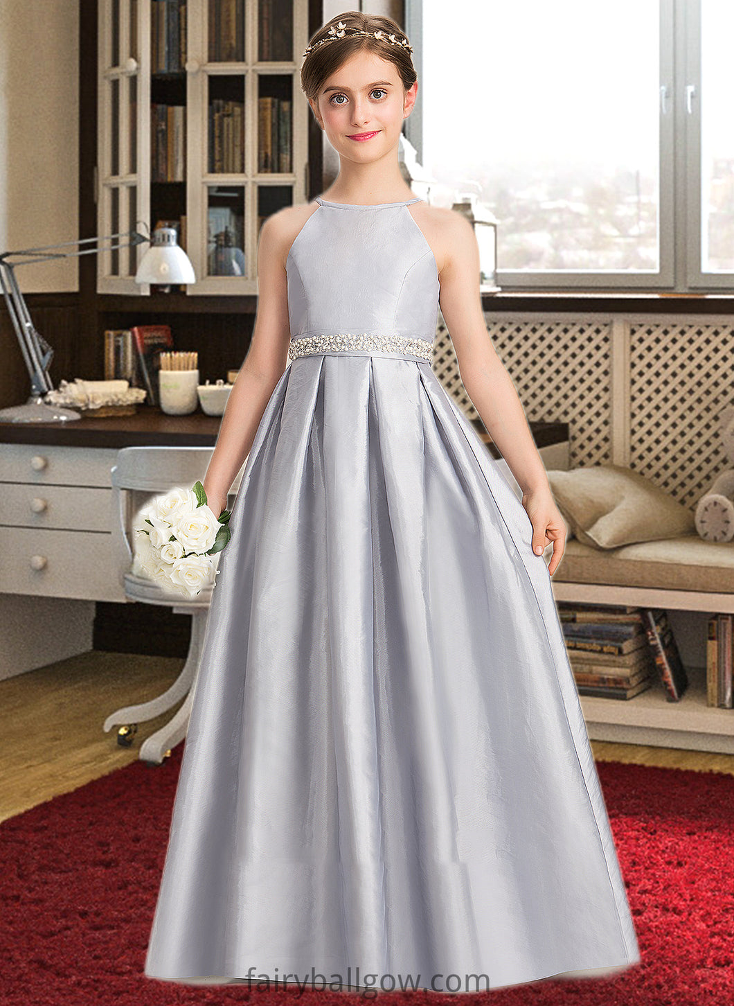 Janet A-Line Scoop Neck Floor-Length Taffeta Junior Bridesmaid Dress With Beading Bow(s) XXCP0013506