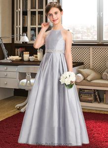 Janet A-Line Scoop Neck Floor-Length Taffeta Junior Bridesmaid Dress With Beading Bow(s) XXCP0013506