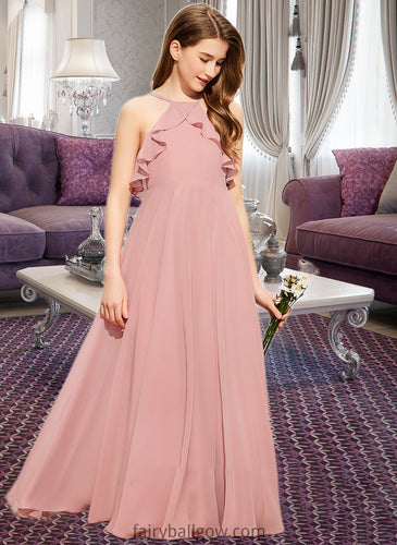 Crystal A-Line Square Neckline Floor-Length Chiffon Junior Bridesmaid Dress With Cascading Ruffles XXCP0013509