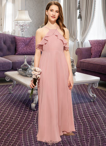 Crystal A-Line Square Neckline Floor-Length Chiffon Junior Bridesmaid Dress With Cascading Ruffles XXCP0013509