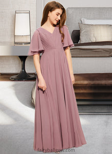 Maureen A-Line V-neck Floor-Length Chiffon Junior Bridesmaid Dress With Ruffle XXCP0013510