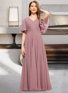 Maureen A-Line V-neck Floor-Length Chiffon Junior Bridesmaid Dress With Ruffle XXCP0013510