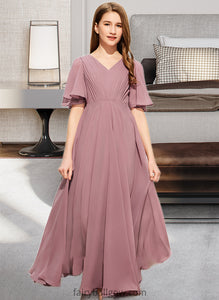 Maureen A-Line V-neck Floor-Length Chiffon Junior Bridesmaid Dress With Ruffle XXCP0013510